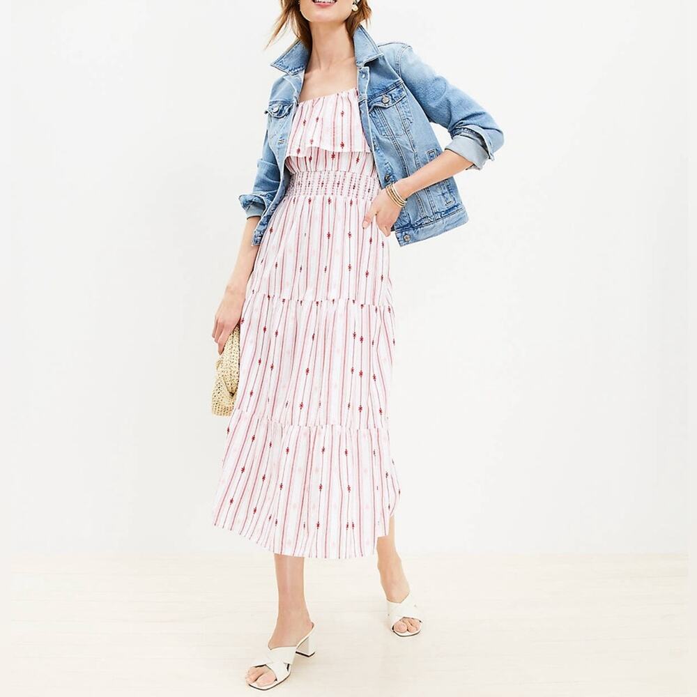 LOFT Pink Stripe Midi Dress with Red Dot Print
